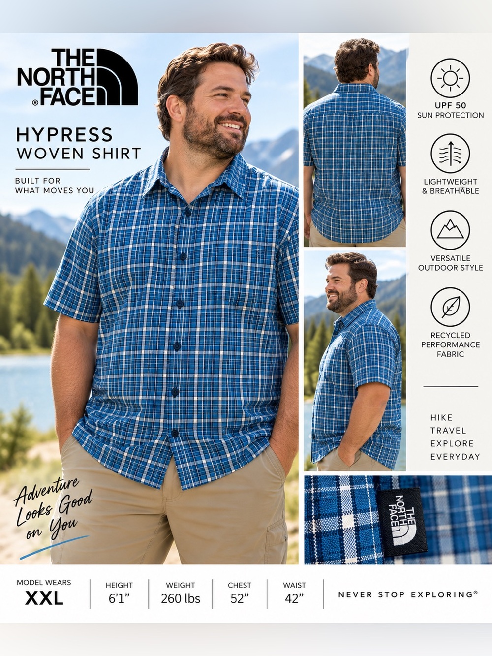 The North Face Hypress Woven Shirt Men XXL Blue Plaid UPF 50 NWT